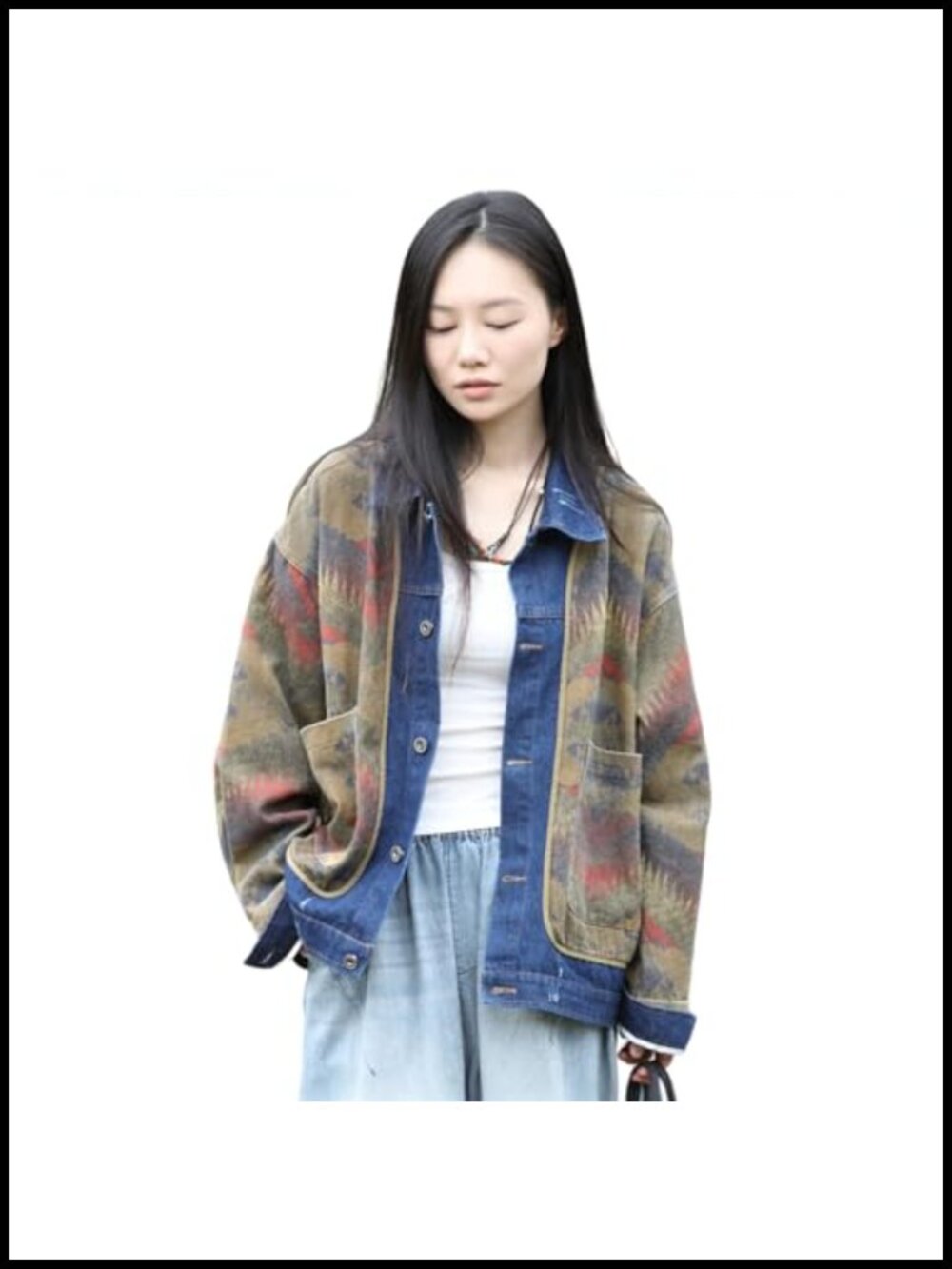 Vintage Aztec Print Denim Jacket Loose Fit Long Sleeve Button Down Coat